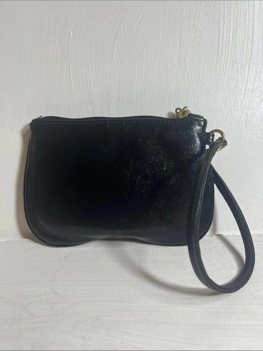 Coach Poppy Black Patent Leather Wristlet with Gold Accents